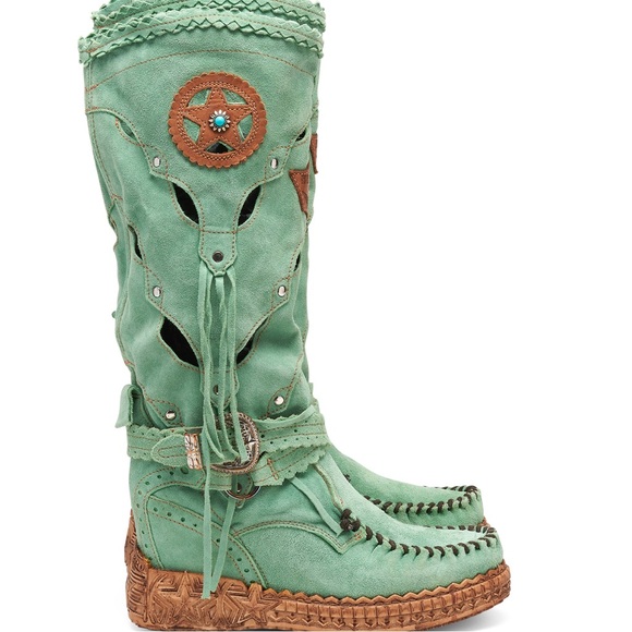 El Vaquero Mirea Silverstone Green Wedge Mocassin Boots!! NEW W/TAGS, dust bag - Picture 3 of 9